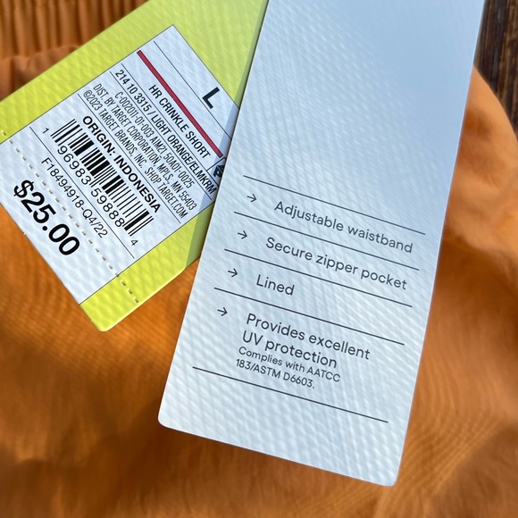 All In Motion HR Crinkle Shorts Light Orange Pockets Lined L UPF 50+ Activewear - Picture 5 of 5